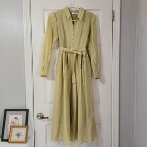 Womens Lapel Collar Green Midi Dress Modest Feminine